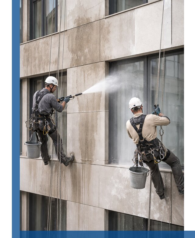 Послестроительная мойка фасада промышленным альпинизмом в Кондопоге