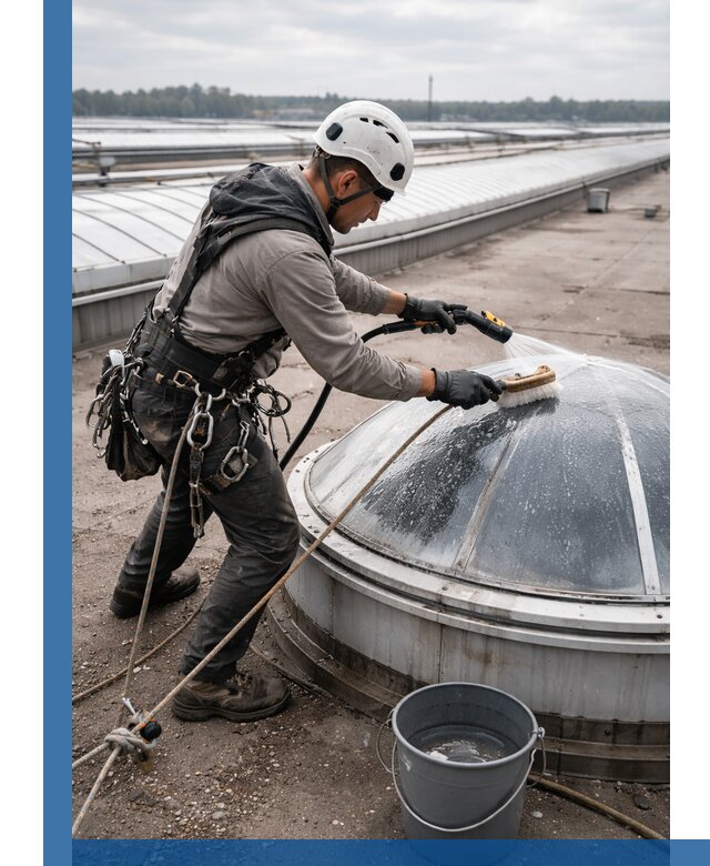 Мойка зенитных фонарей на кровле для промышленных объектов в Кондопоге