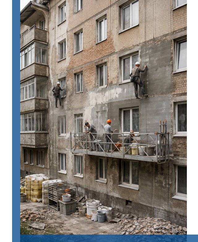 Капитальный ремонт фасада в Кондопоге с восстановлением и гидроизоляцией