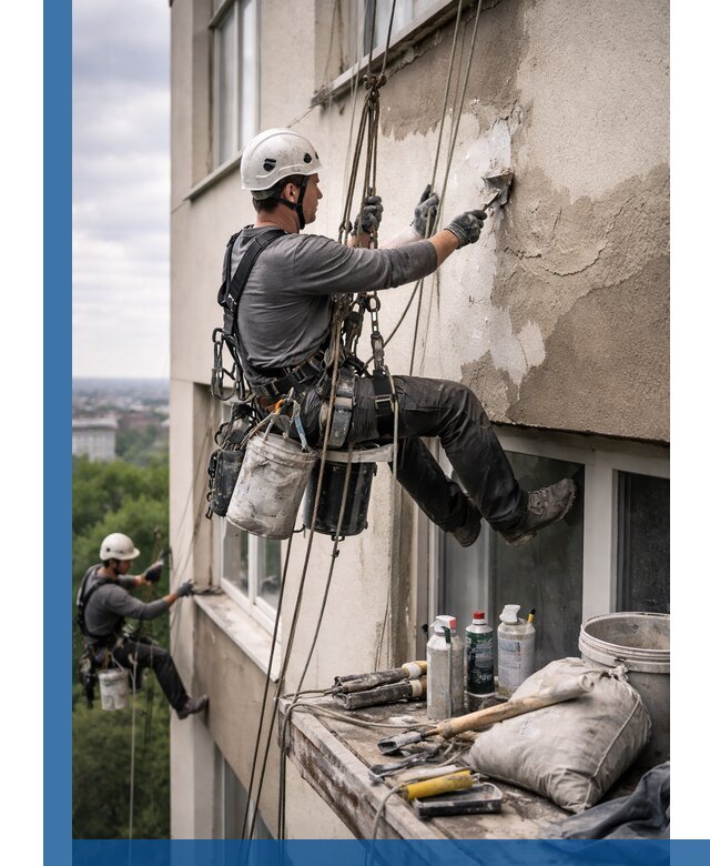Косметический ремонт фасада зданий в Кондопоге промышленными альпинистами