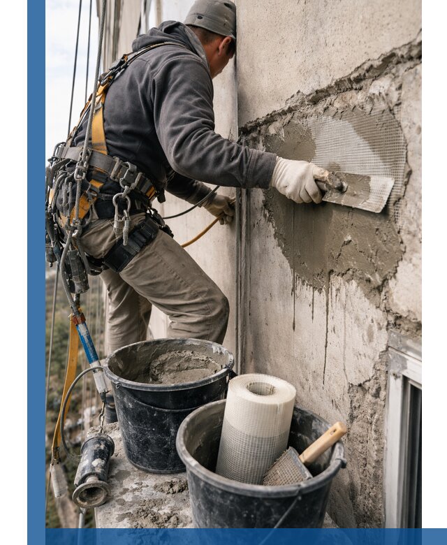 Ремонт бетонных элементов фасада промышленными альпинистами в Кондопоге