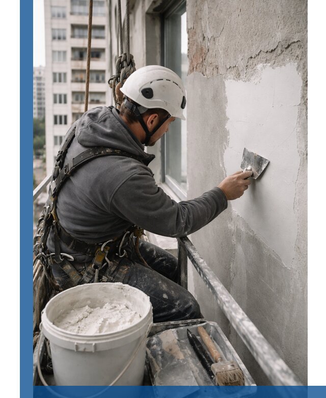 Шпаклевка фасадов на высоте с промальпинистами в Кондопоге