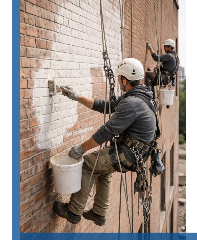 Покраска кирпичного фасада с доступным альпинистским сервисом в Кондопоге