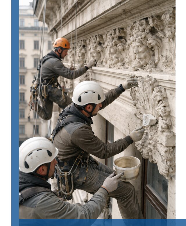 Реставрация фасадной лепнины с высотными работами в Кондопоге