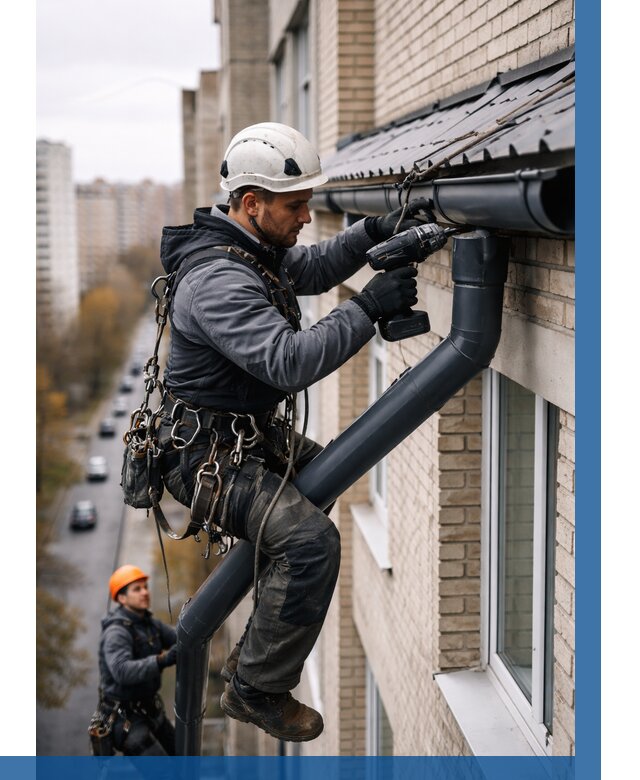 Монтаж водосточной системы на здании в Кондопоге от 5076 р. | ВЫСОТНИК-Кнп