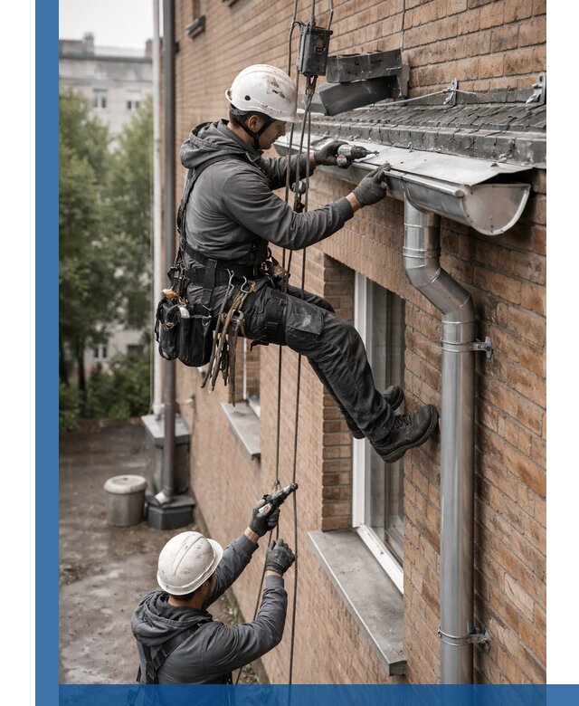 Монтаж водосточной системы на здании в Кондопоге под ключ