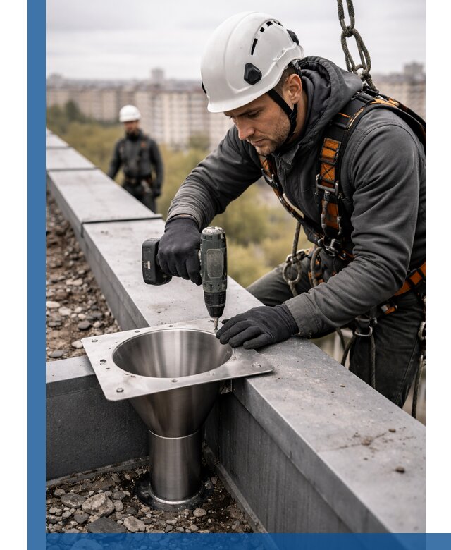 Монтаж водосточных воронок в Кондопоге для промышленных зданий