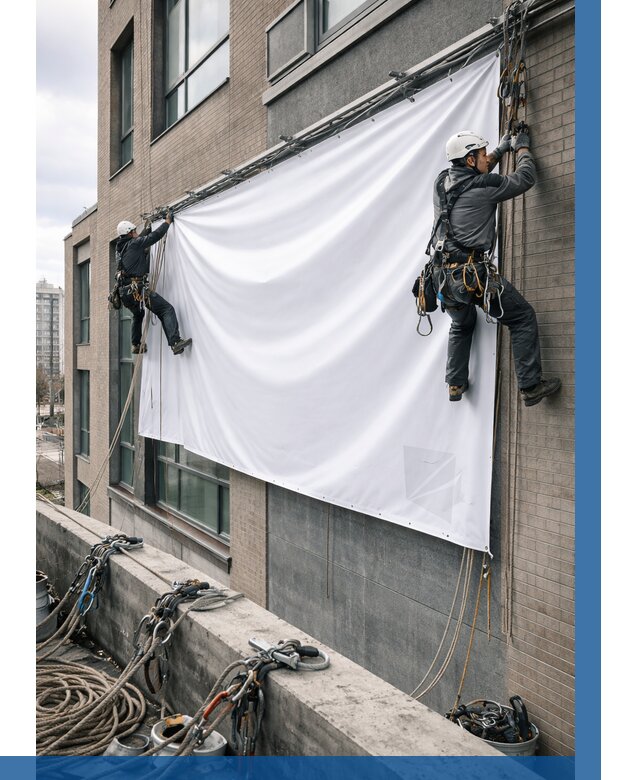 Монтаж баннеров на фасаде в Кондопоге от 660 р. заказать ВЫСОТНИК-Кнп