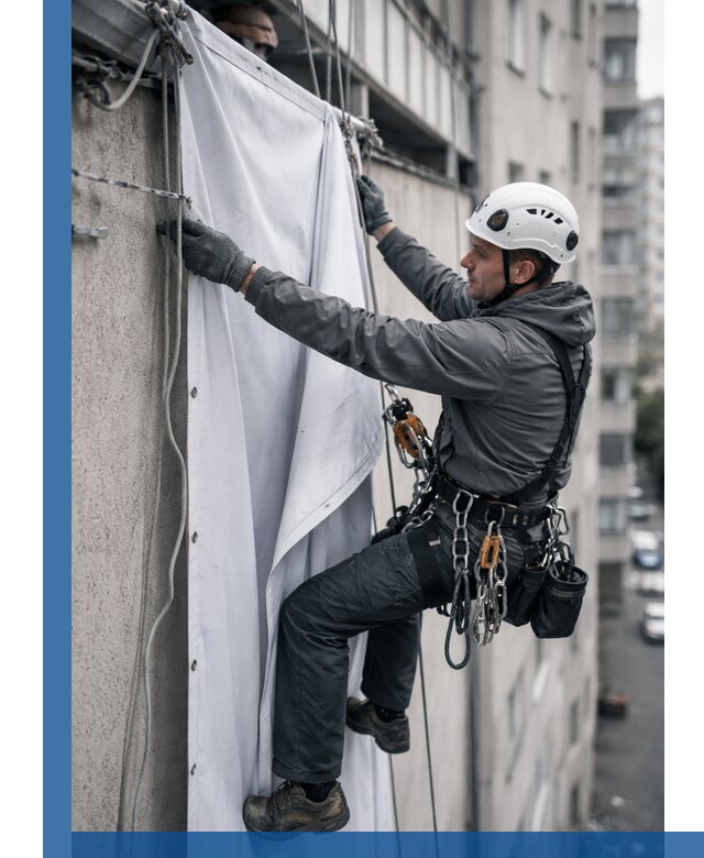 Замена баннерного полотна промышленными альпинистами в Кондопоге