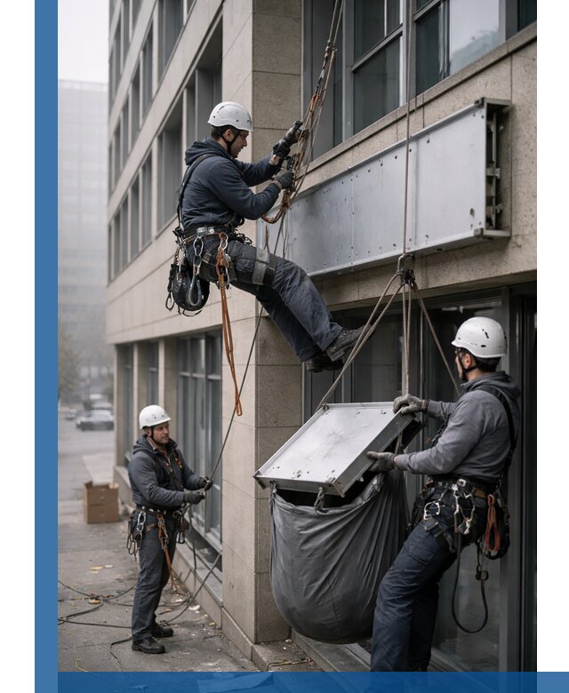 Демонтаж рекламной вывески с высотными работами в Кондопоге