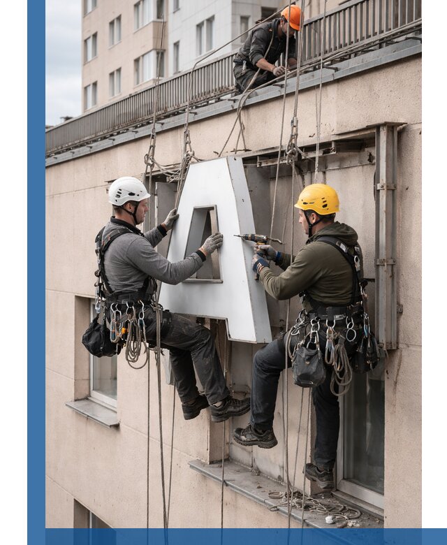Ремонт и восстановление наружных вывесок на высоте в Кондопоге