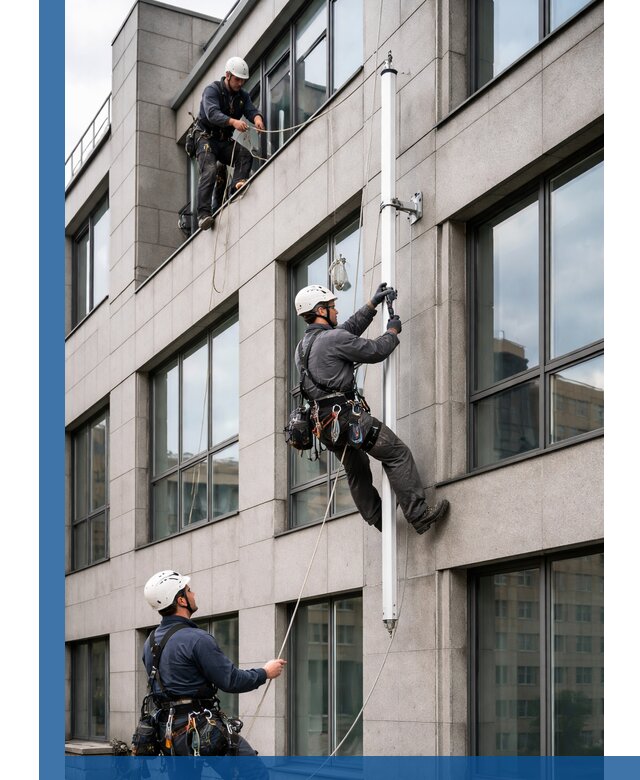 Монтаж флагштока на фасаде здания с креплением и герметикой в Кондопоге