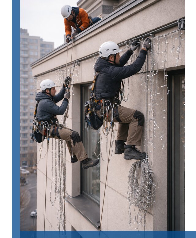 Монтаж праздничных гирлянд на фасаде в Кондопоге для зданий