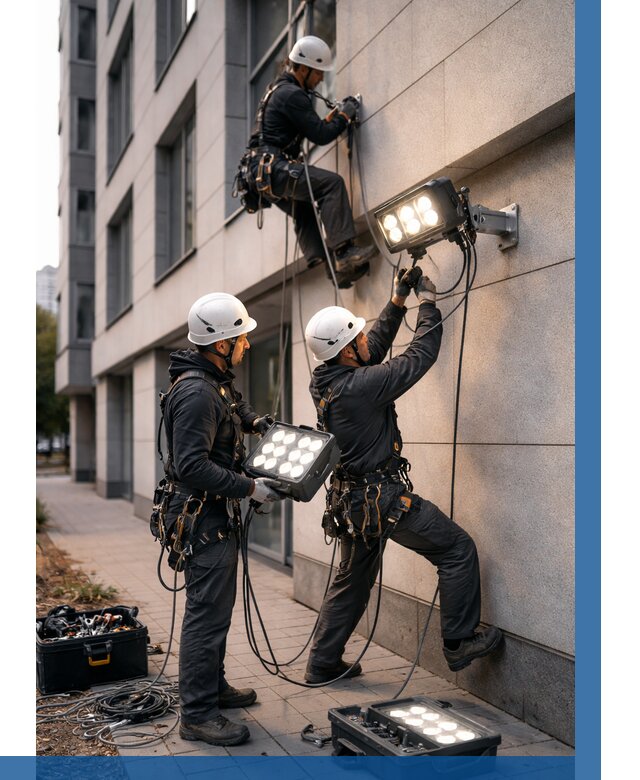 Монтаж прожекторов на фасаде в Кондопоге от 7614 р. | ВЫСОТНИК-Кнп