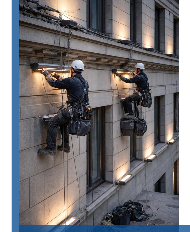 Монтаж архитектурной подсветки фасадов зданий в Кондопоге