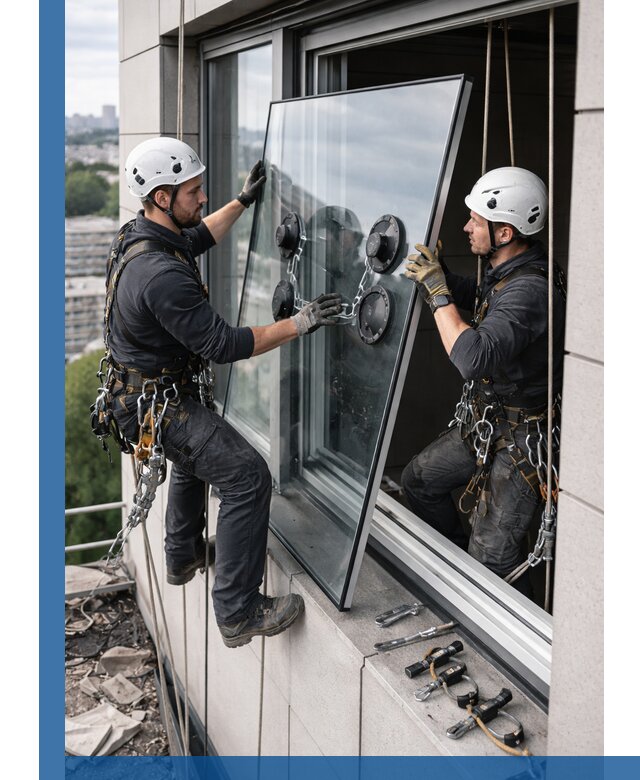 Замена стеклопакетов на высоте с промышленными альпинистами в Кондопоге