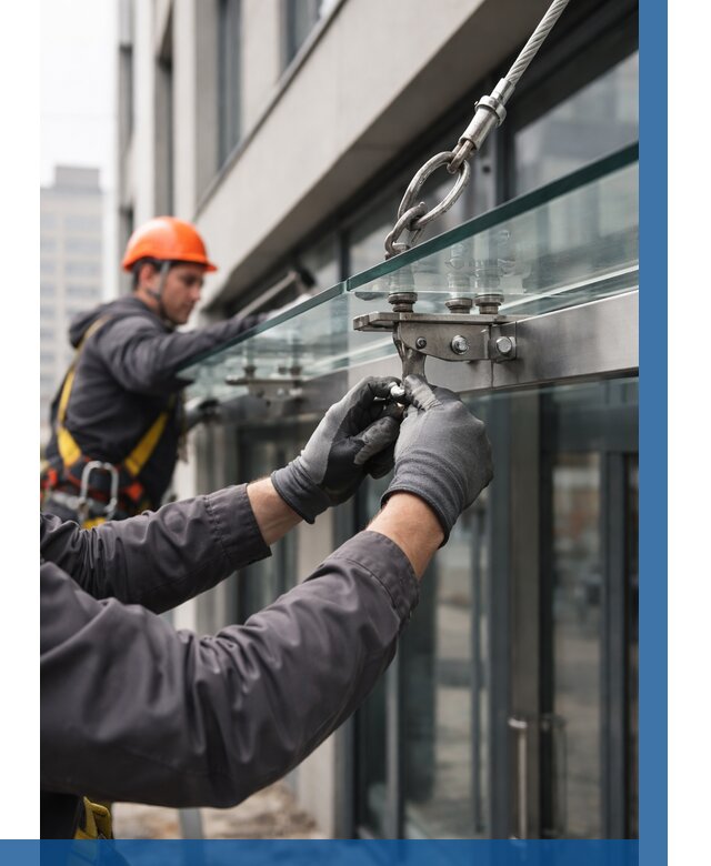 Монтаж стеклянных козырьков в Кондопоге от 8629 р. | ВЫСОТНИК-Кнп