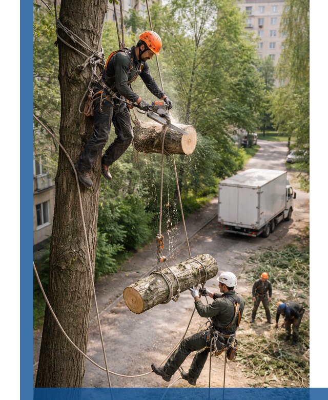 Спил деревьев альпинистами в Кондопоге, безопасно и без повреждений