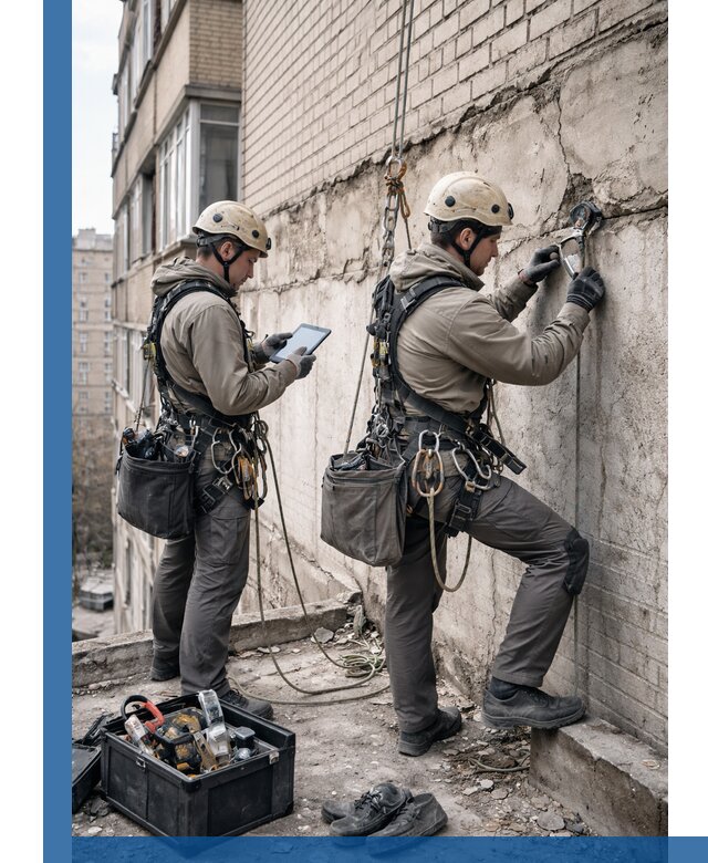 Обследование фасада промышленными альпинистами в Кондопоге